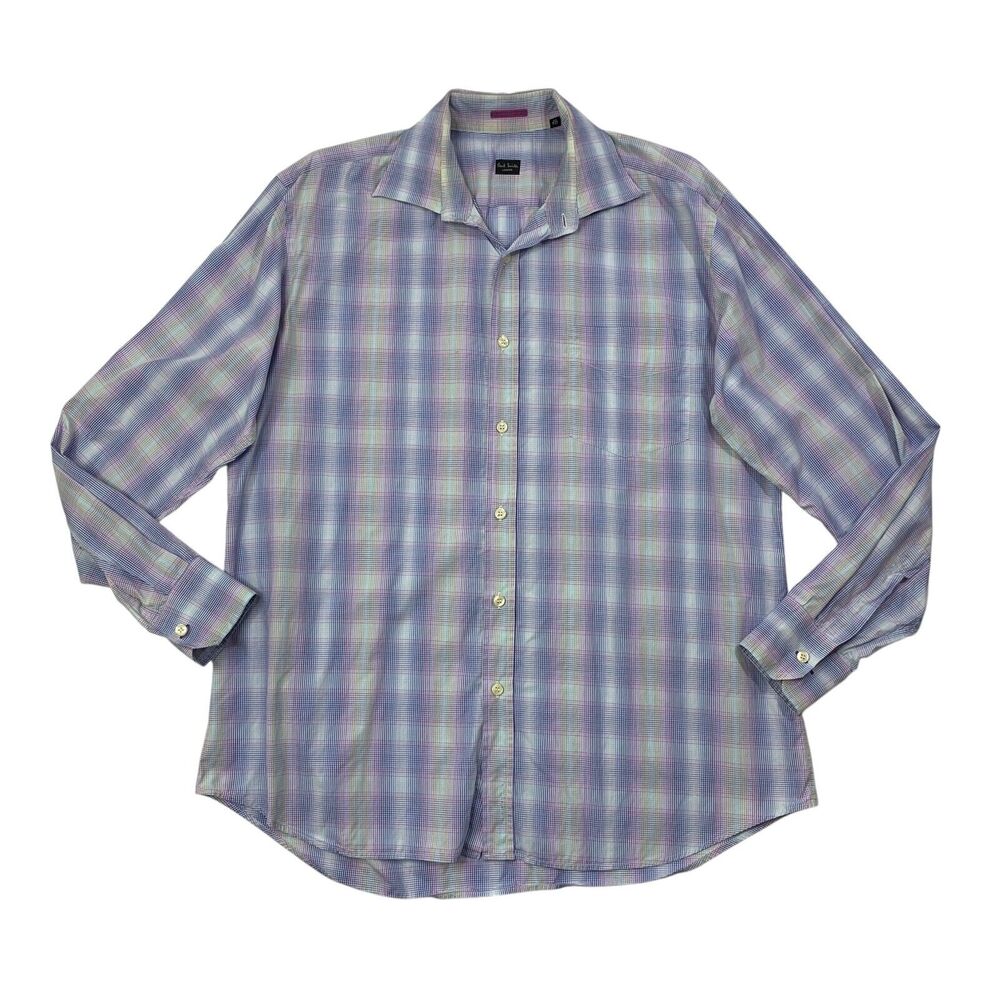 Paul Smith London Shirt Mens 17.5 Plaid Cotton Long Sleeve Shirttail Hem Dress